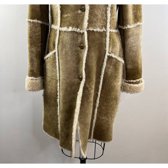 SUNDANCE Tan Suede Leather Sherpa Shearling Long Midi Coat Jacket Collar 12 - Picture 4 of 9
